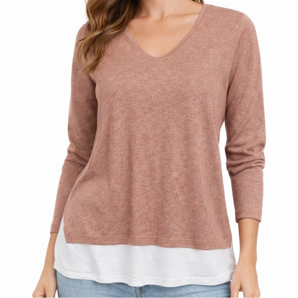 J.Jill Long Sleeve V-neck Layered Look Cotton T-Shirt